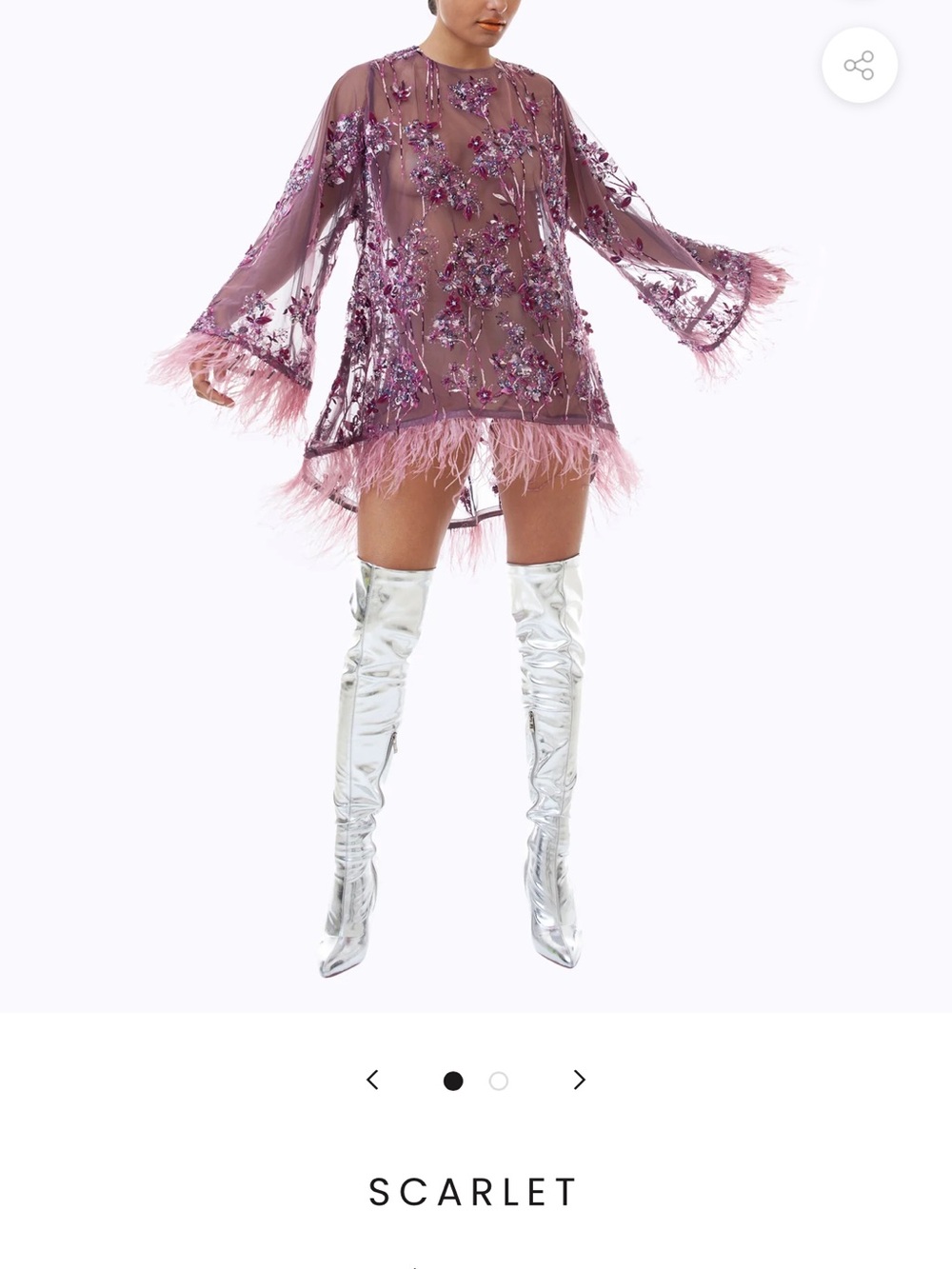 NARCES Scarlett Mauve Embroidered Sheer Mini Dress with Feather Trim